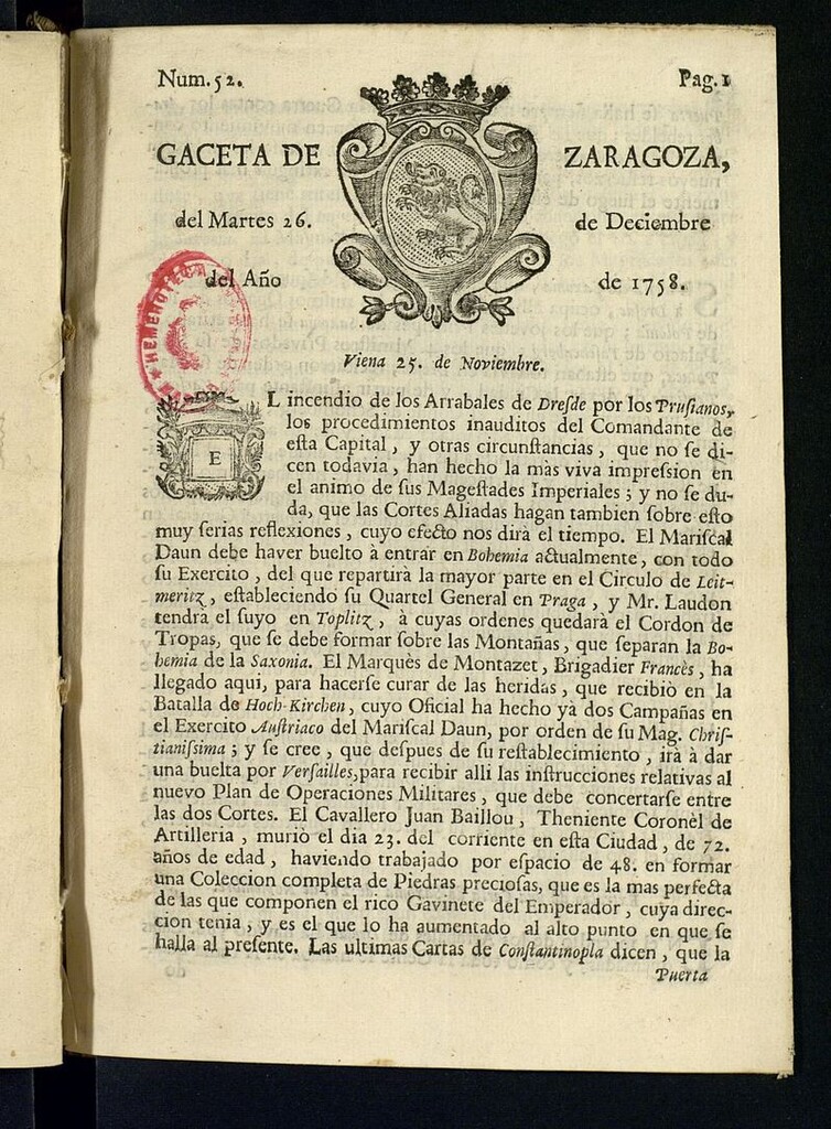 Miniatura de Gazeta de Zaragoza del 26 de diciembre de 1758