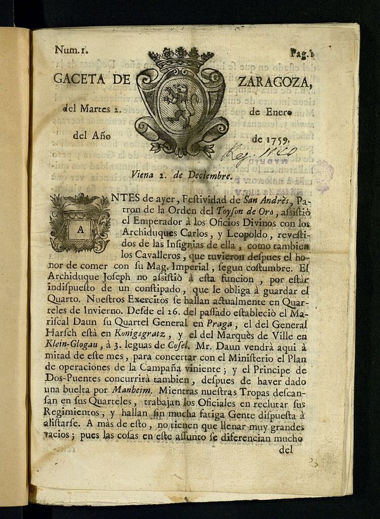 Miniatura de Gazeta de Zaragoza del 2 de enero de 1759