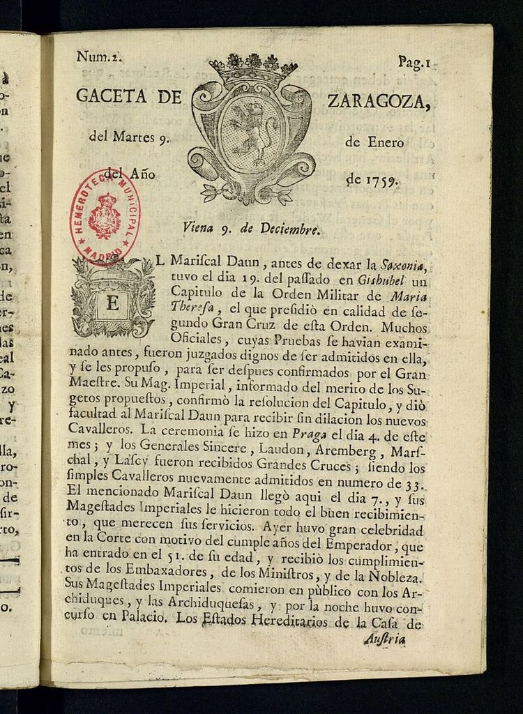 Miniatura de Gazeta de Zaragoza del 9 de enero de 1759