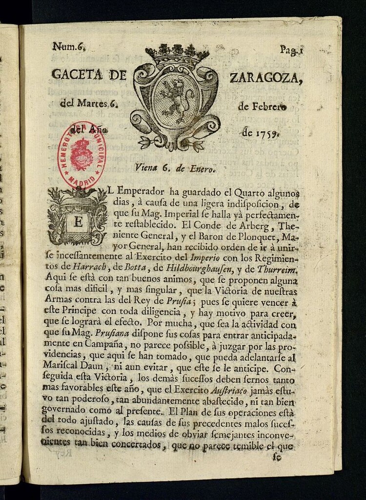 Miniatura de Gazeta de Zaragoza del 6 de febrero de 1759