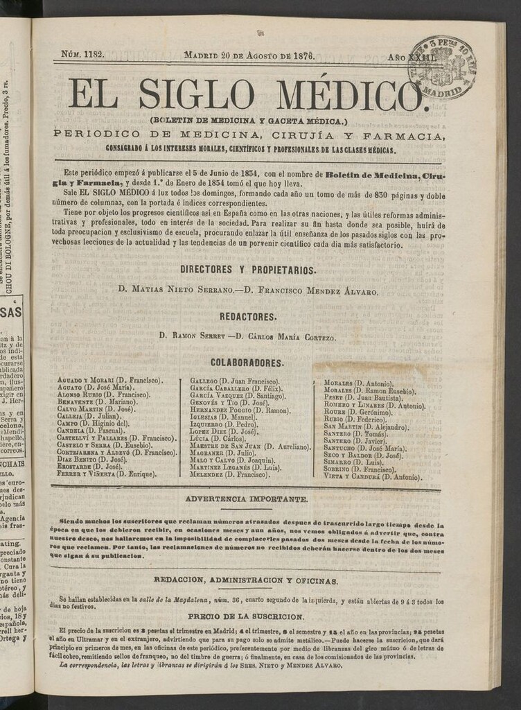 Miniatura de El Siglo Médico: boletín de medicina y gaceta médica del 20 de agosto de 1876