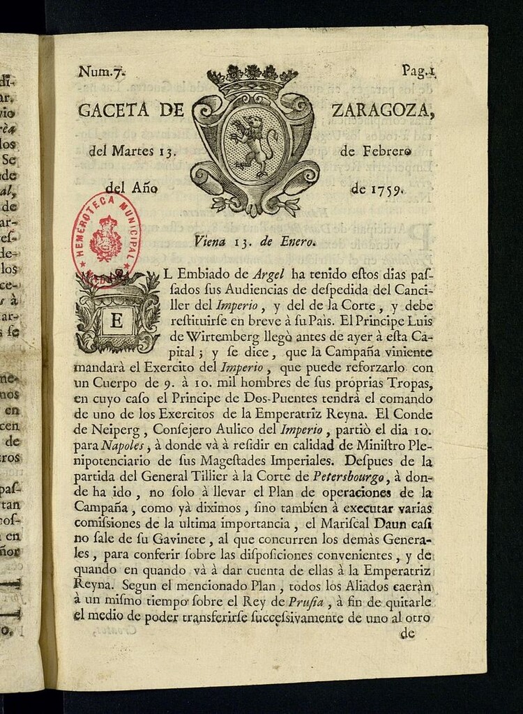 Miniatura de Gazeta de Zaragoza del 13 de febrero de 1759