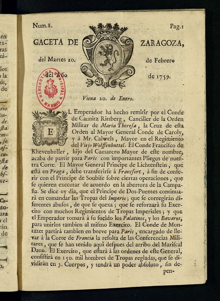 Miniatura de Gazeta de Zaragoza del 20 de febrero de 1759