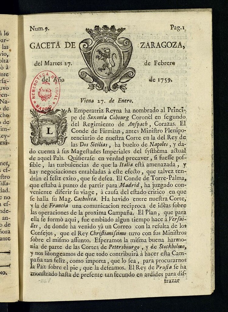 Miniatura de Gazeta de Zaragoza del 27 de febrero de 1759