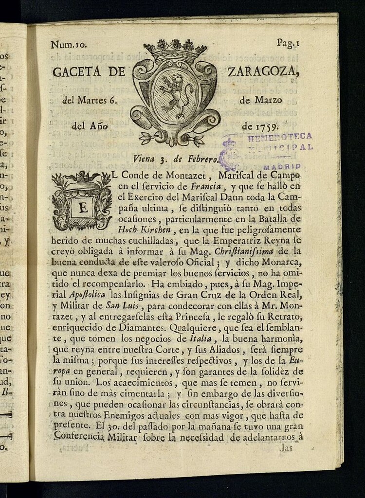 Miniatura de Gazeta de Zaragoza del 6 de marzo de 1759