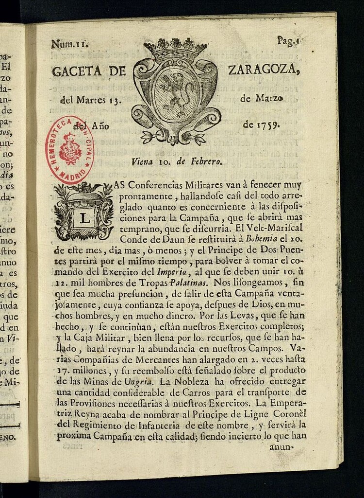 Miniatura de Gazeta de Zaragoza del 13 de marzo de 1759