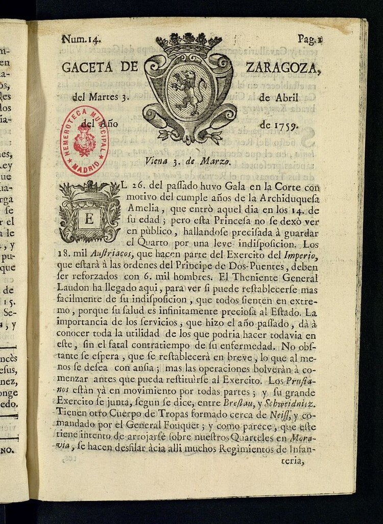 Miniatura de Gazeta de Zaragoza del 3 de abril de 1759