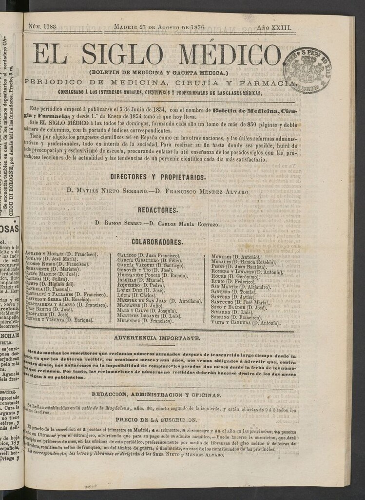 Miniatura de El Siglo Médico: boletín de medicina y gaceta médica del 27 de agosto de 1876