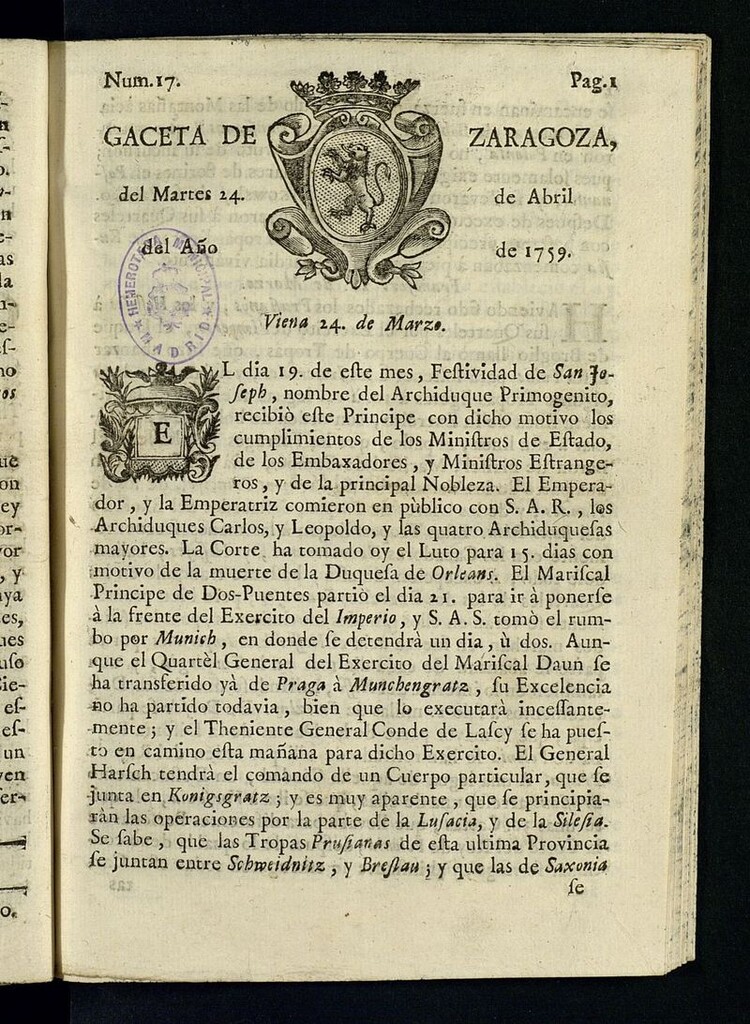 Miniatura de Gazeta de Zaragoza del 24 de abril de 1759