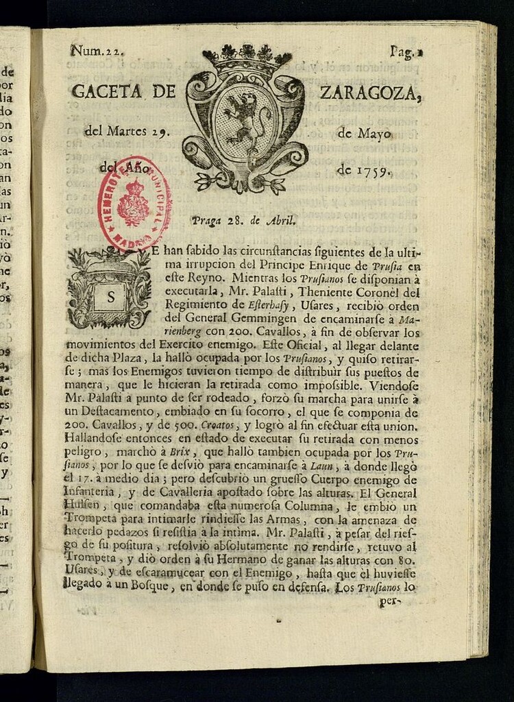 Miniatura de Gazeta de Zaragoza del 29 de mayo de 1759