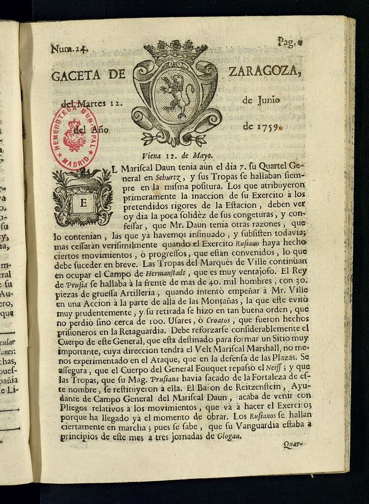 Miniatura de Gazeta de Zaragoza del 12 de junio de 1759
