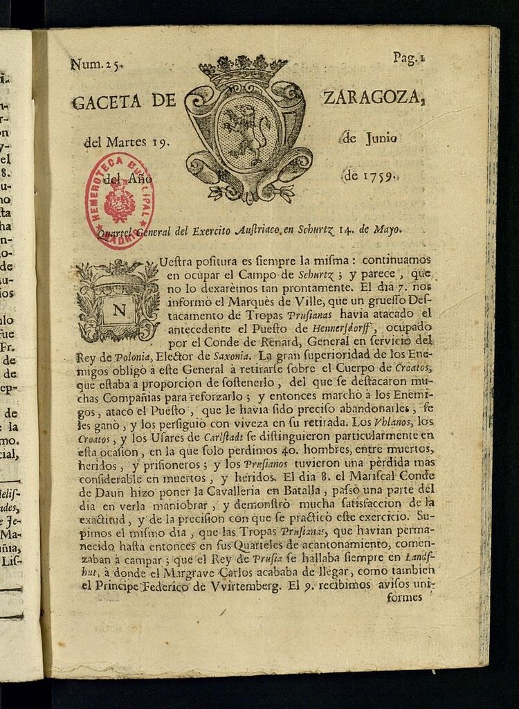 Miniatura de Gazeta de Zaragoza del 19 de junio de 1759