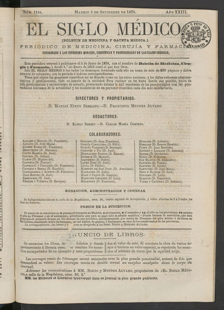Miniatura de El Siglo Médico: boletín de medicina y gaceta médica del 3 de septiembre de 1876