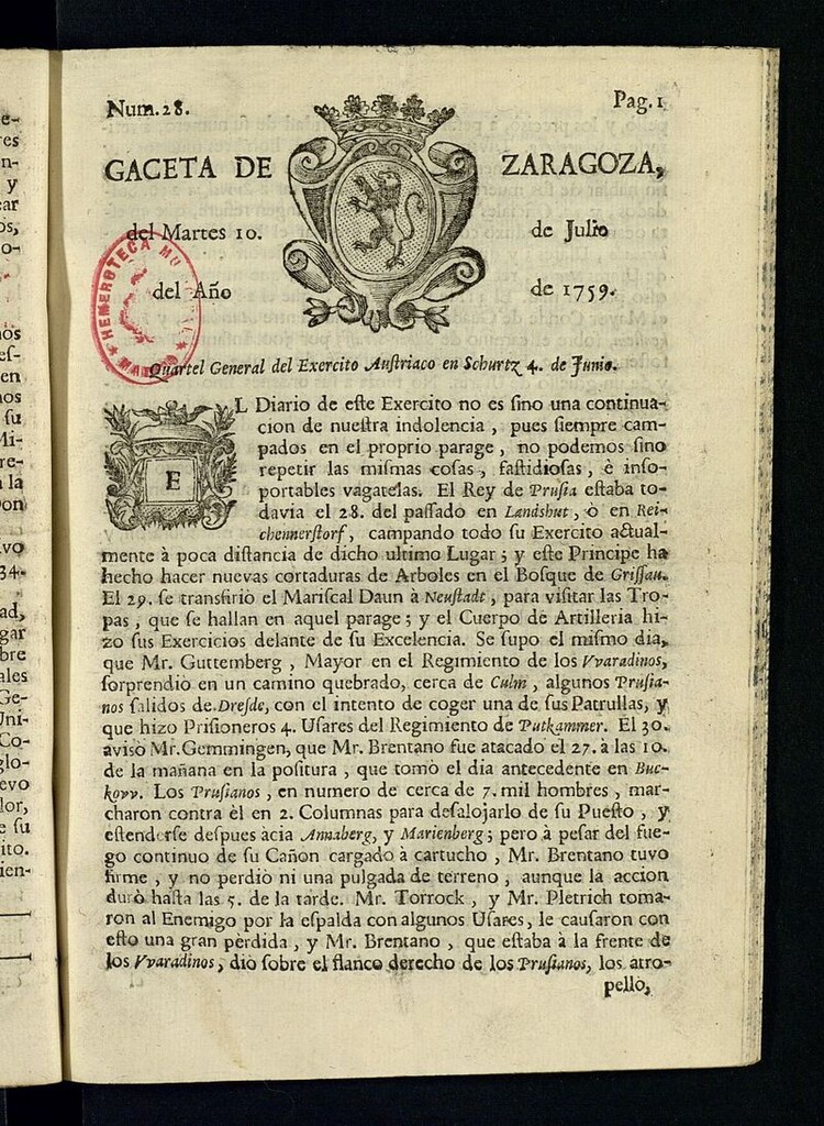 Miniatura de Gazeta de Zaragoza del 10 de julio de 1759