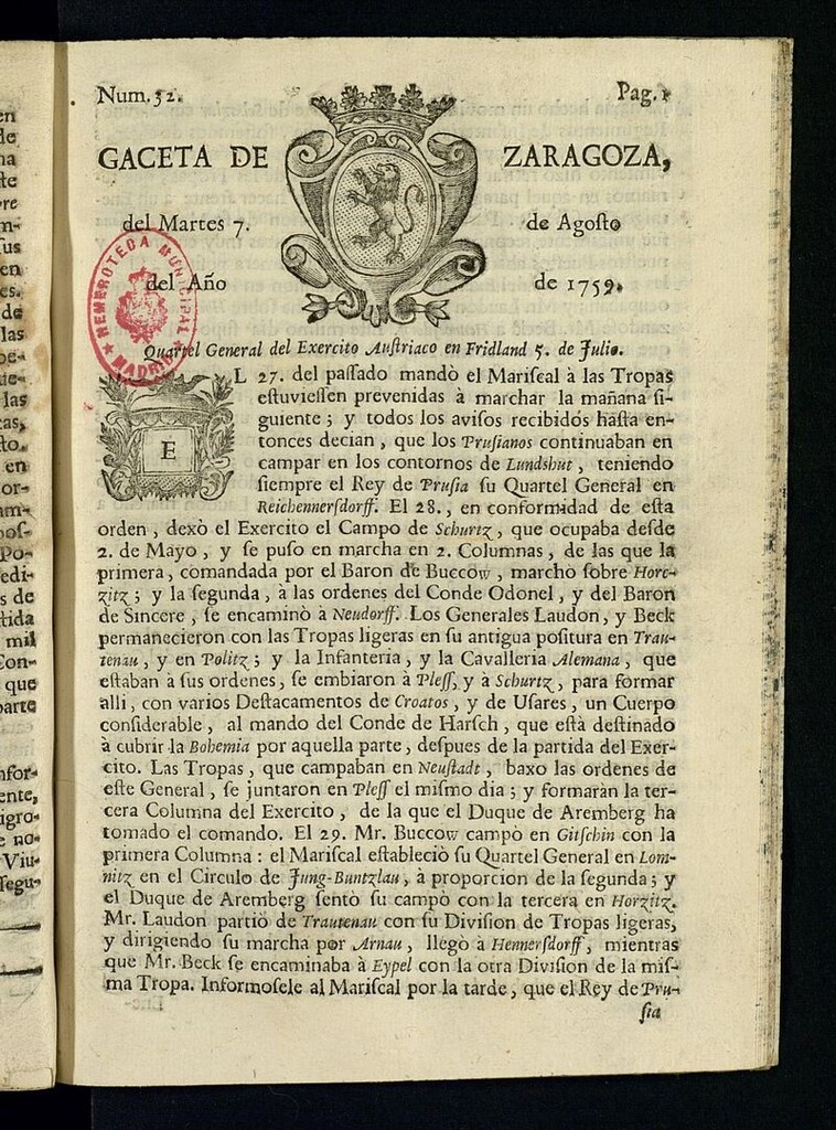 Miniatura de Gazeta de Zaragoza del 7 de agosto de 1759