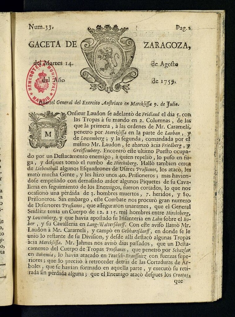 Miniatura de Gazeta de Zaragoza del 14 de agosto de 1759