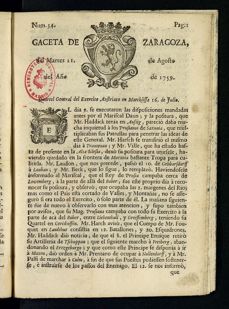 Miniatura de Gazeta de Zaragoza del 21 de agosto de 1759