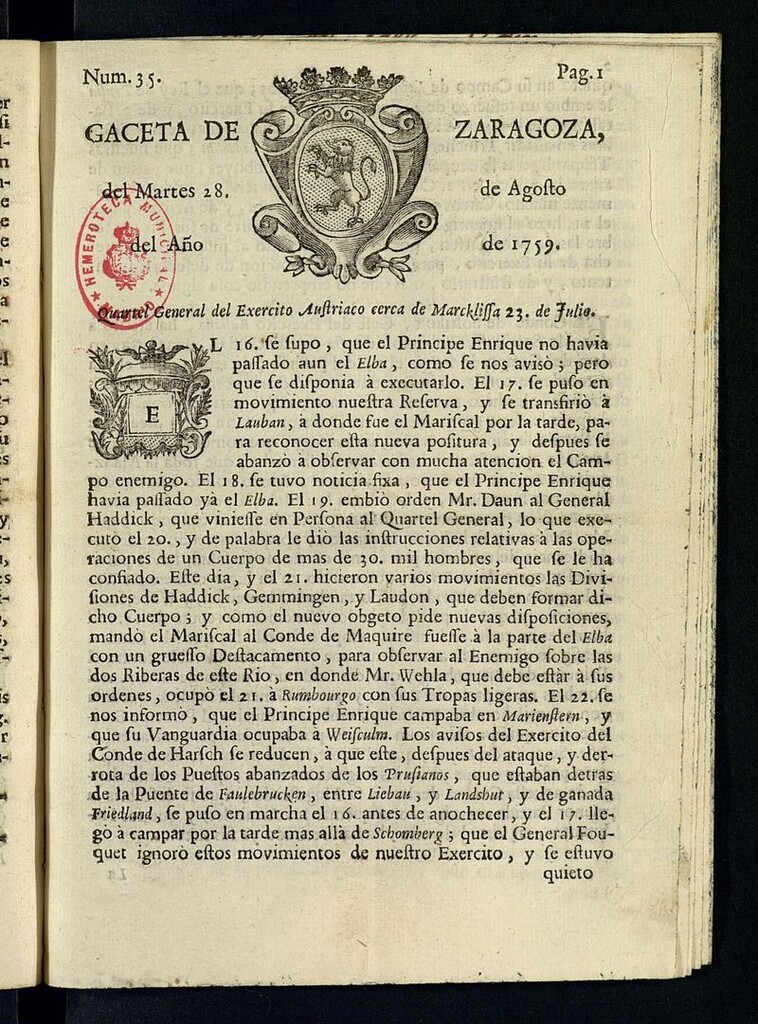 Miniatura de Gazeta de Zaragoza del 28 de agosto de 1759
