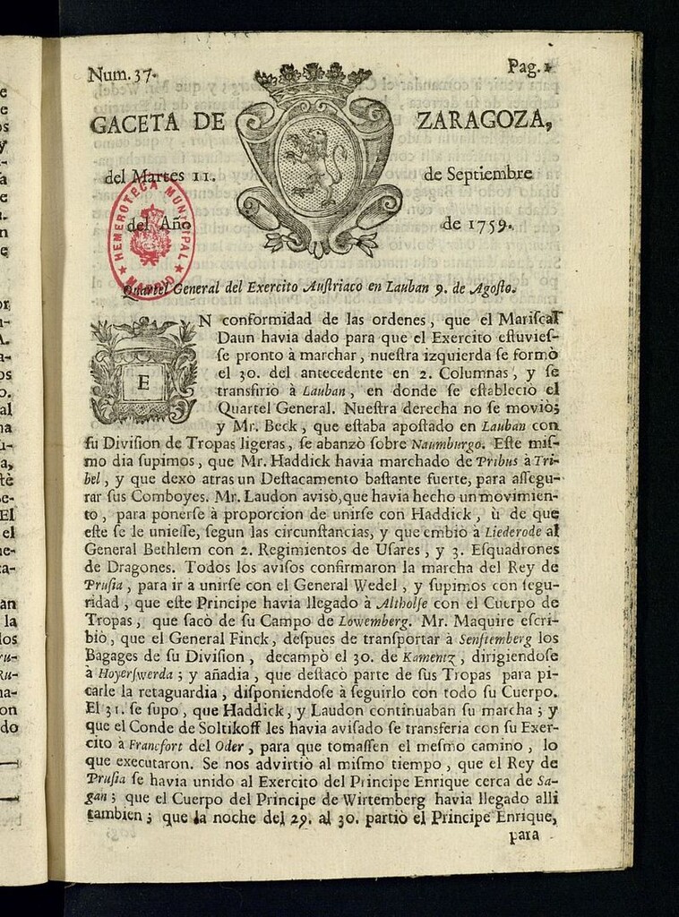 Miniatura de Gazeta de Zaragoza del 11 de septiembre de 1759