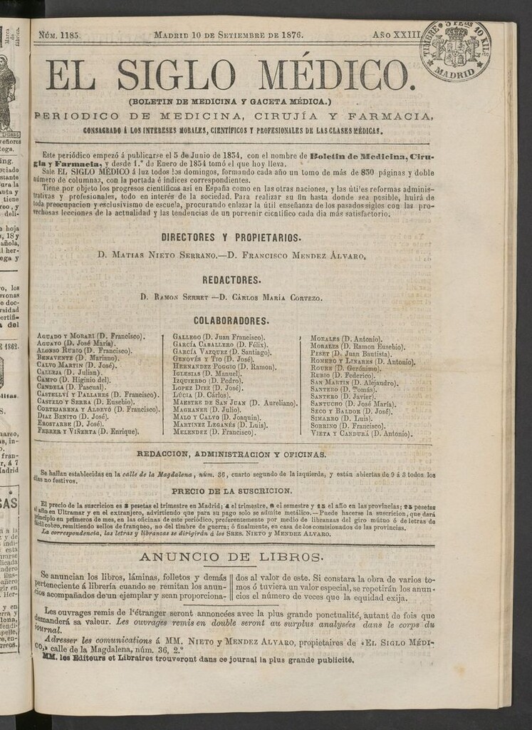 Miniatura de El Siglo Médico: boletín de medicina y gaceta médica del 10 de septiembre de 1876