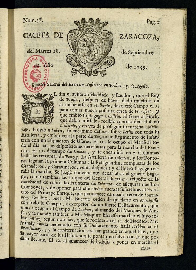 Miniatura de Gazeta de Zaragoza del 18 de septiembre de 1759