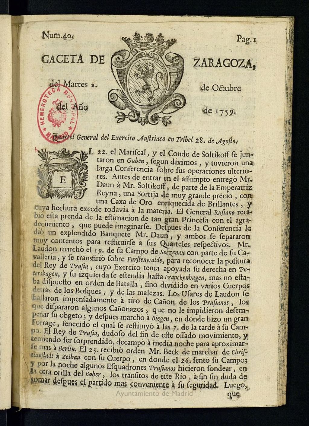 Miniatura de Gazeta de Zaragoza del 2 de octubre de 1759