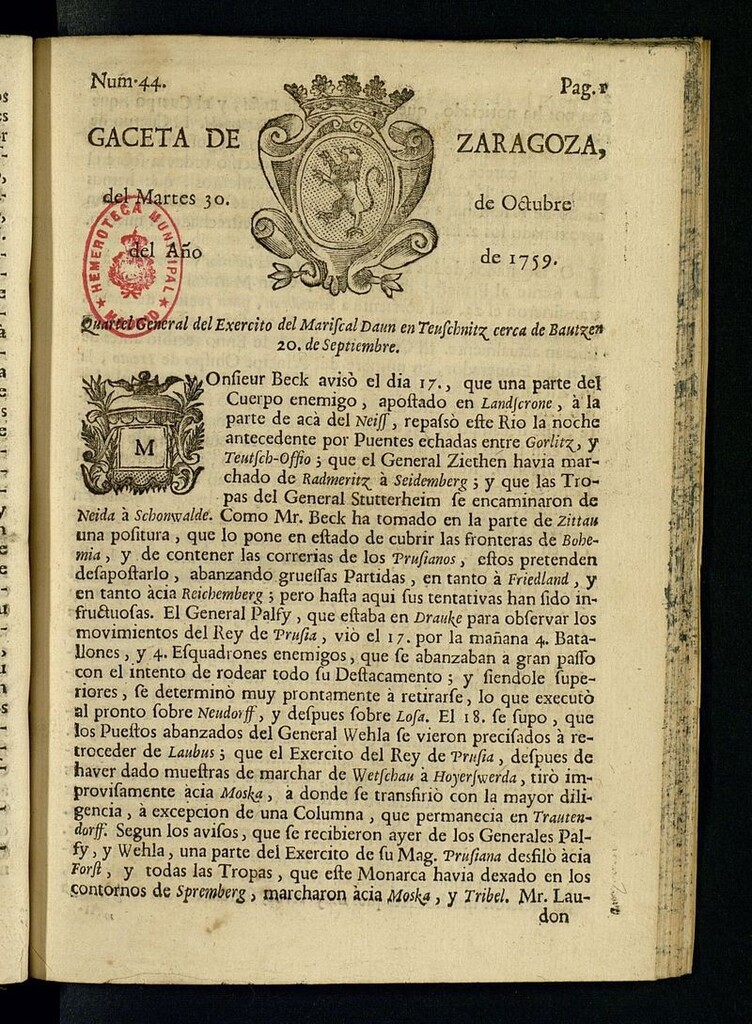 Miniatura de Gazeta de Zaragoza del 30 de octubre de 1759