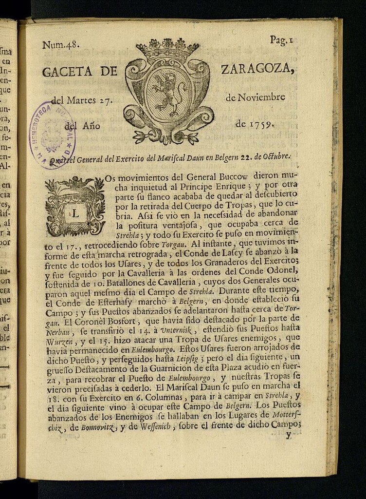 Miniatura de Gazeta de Zaragoza del 27 de noviembre de 1759