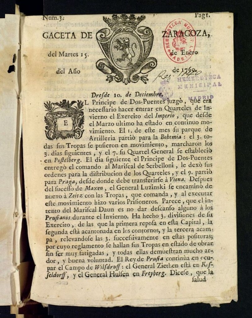 Miniatura de Gazeta de Zaragoza del 15 de enero de 1760