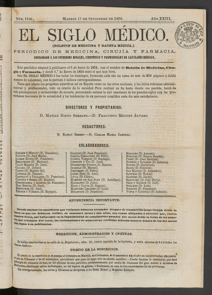 Miniatura de El Siglo Médico: boletín de medicina y gaceta médica del 17 de septiembre de 1876