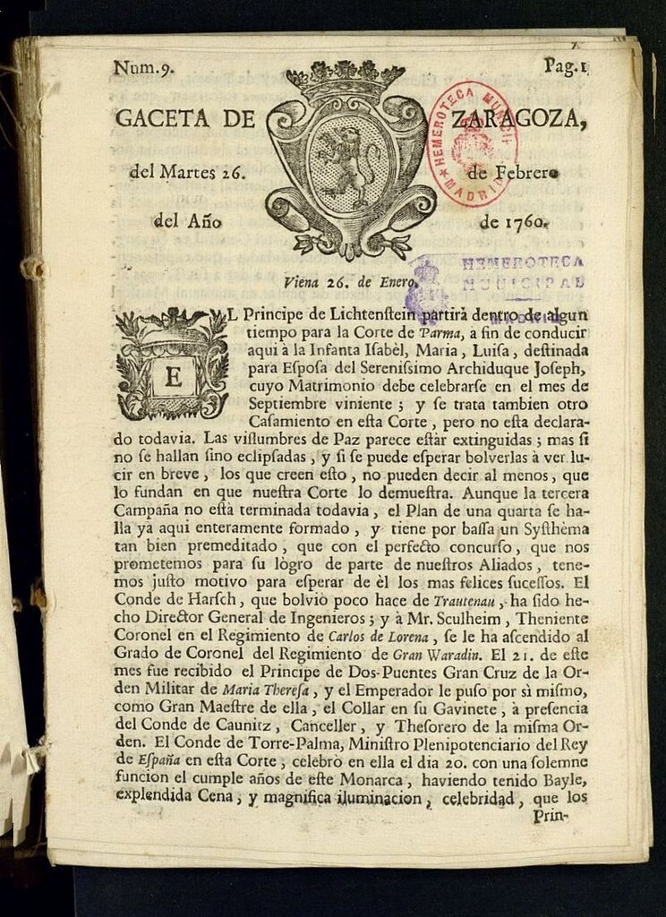 Miniatura de Gazeta de Zaragoza del 26 de febrero de 1760