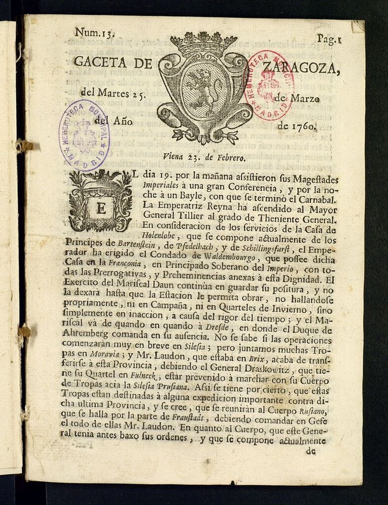 Miniatura de Gazeta de Zaragoza del 25 de marzo de 1760