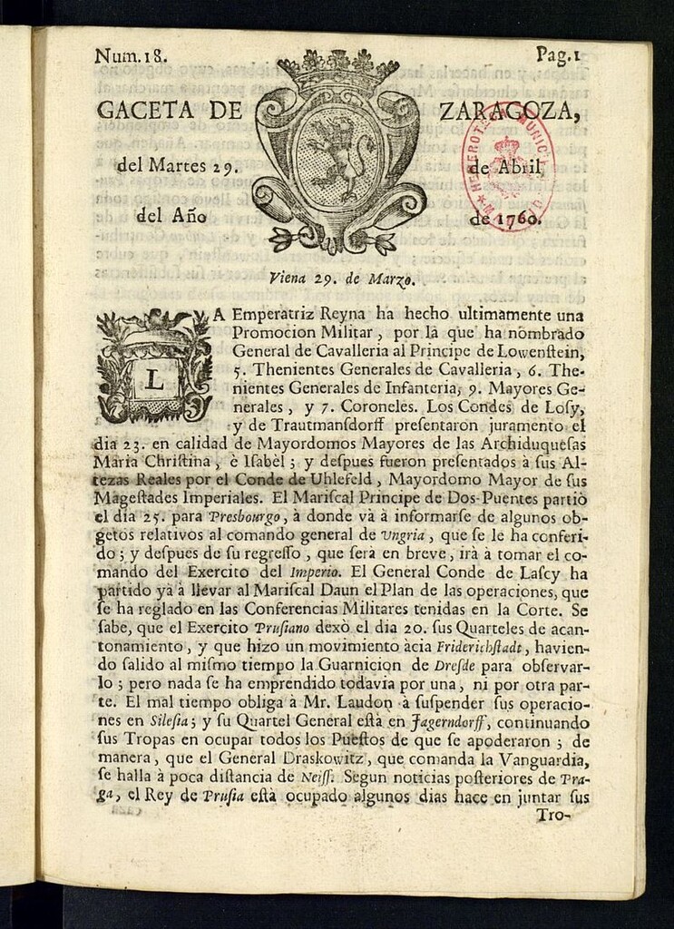 Miniatura de Gazeta de Zaragoza del 29 de abril de 1760