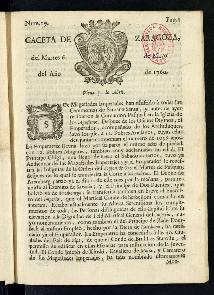 Miniatura de Gazeta de Zaragoza del 6 de mayo de 1760