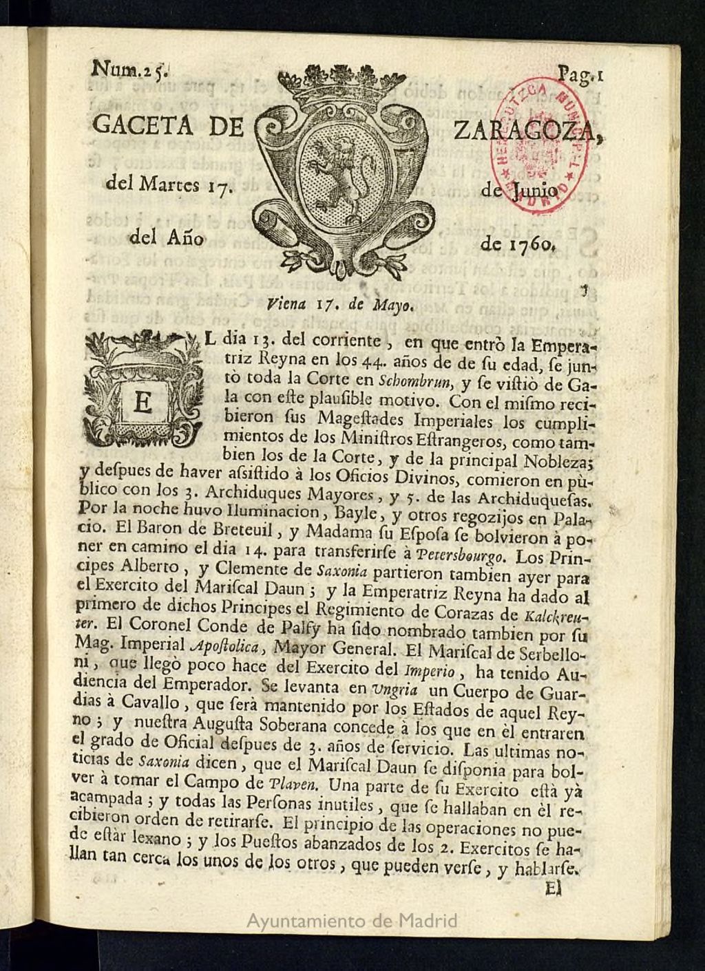 Miniatura de Gazeta de Zaragoza del 17 de junio de 1760
