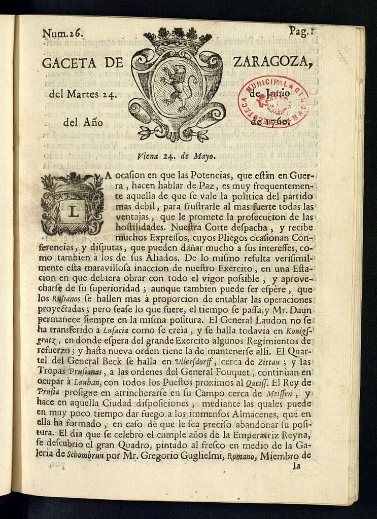 Miniatura de Gazeta de Zaragoza del 24 de junio de 1760