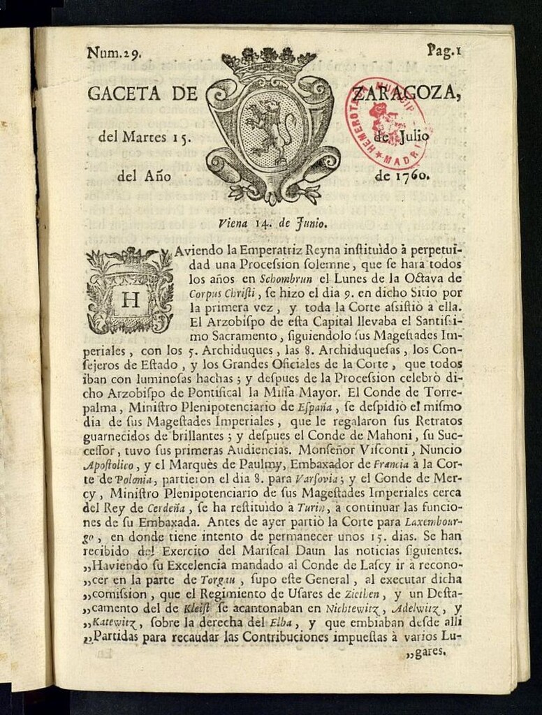 Miniatura de Gazeta de Zaragoza del 15 de julio de 1760