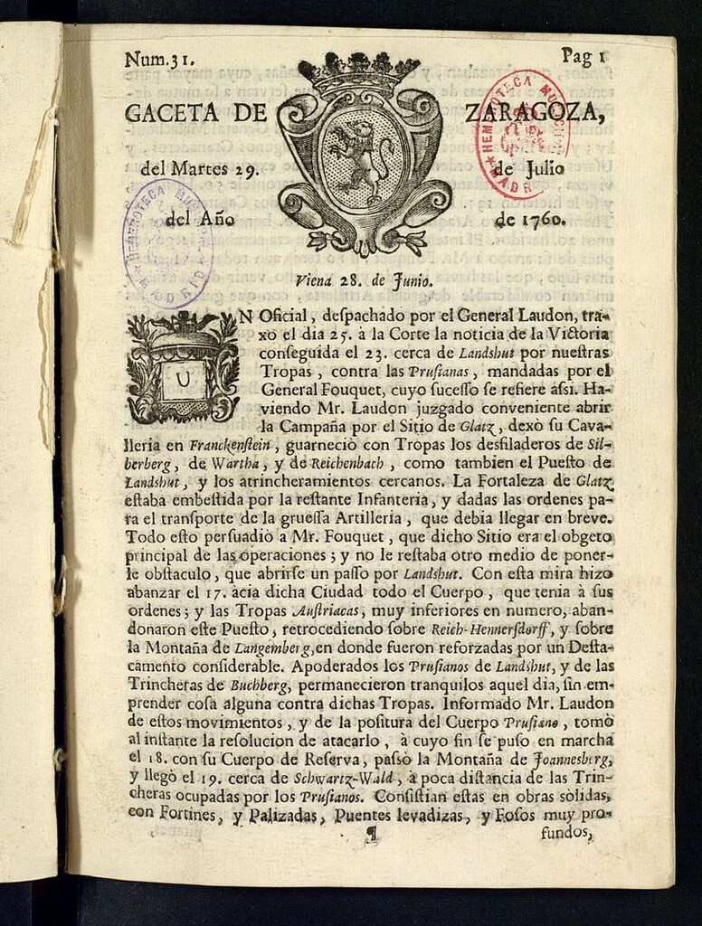 Miniatura de Gazeta de Zaragoza del 29 de julio de 1760