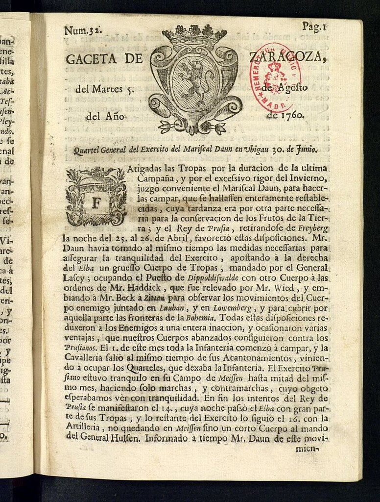 Miniatura de Gazeta de Zaragoza del 5 de agosto de 1760