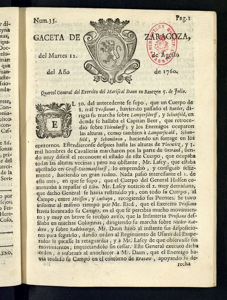 Miniatura de Gazeta de Zaragoza del 12 de agosto de 1760