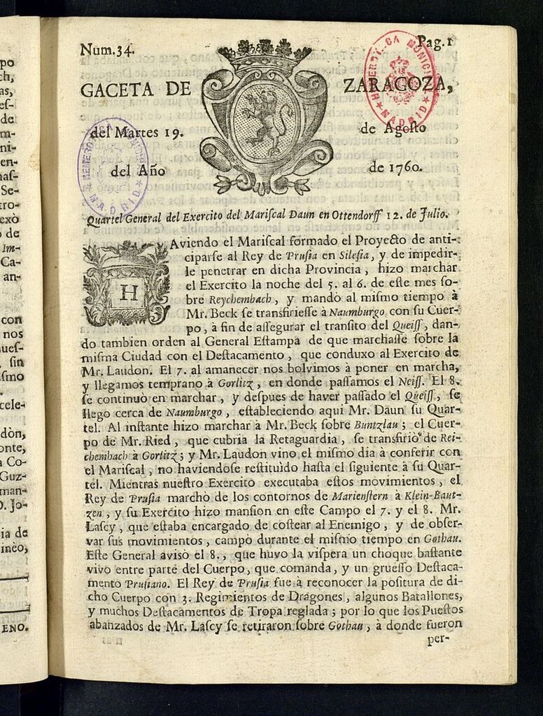 Miniatura de Gazeta de Zaragoza del 19 de agosto de 1760