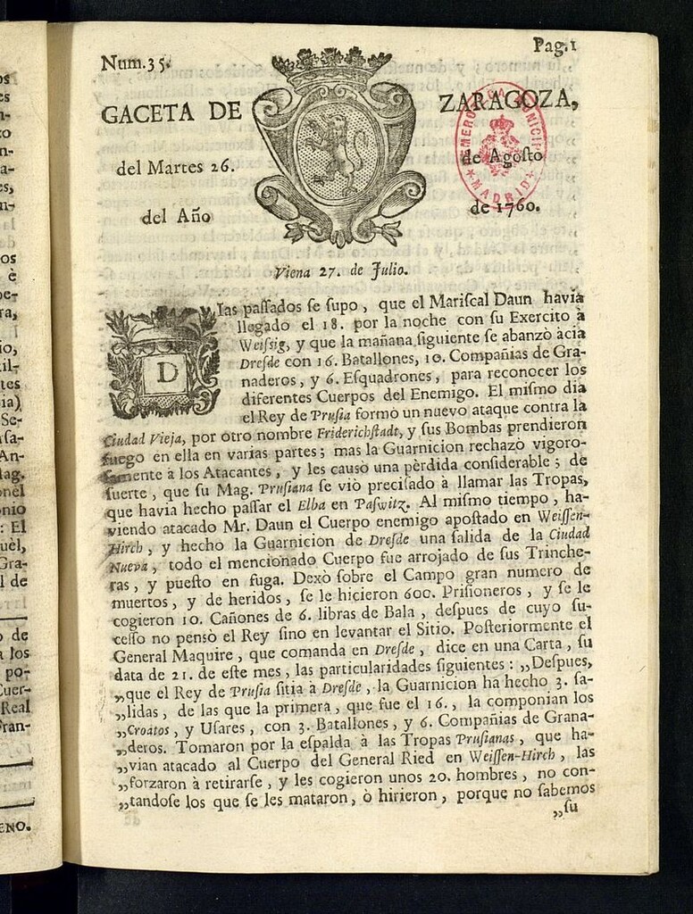Miniatura de Gazeta de Zaragoza del 26 de agosto de 1760