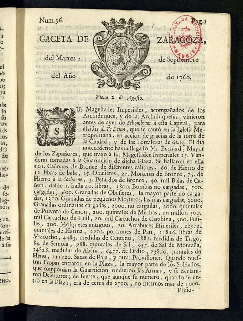 Miniatura de Gazeta de Zaragoza del 2 de septiembre de 1760