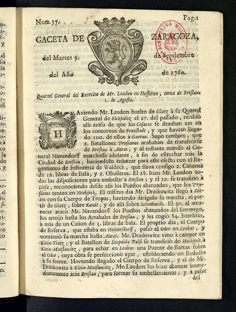 Miniatura de Gazeta de Zaragoza del 9 de septiembre de 1760