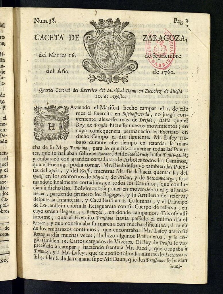 Miniatura de Gazeta de Zaragoza del 16 de septiembre de 1760