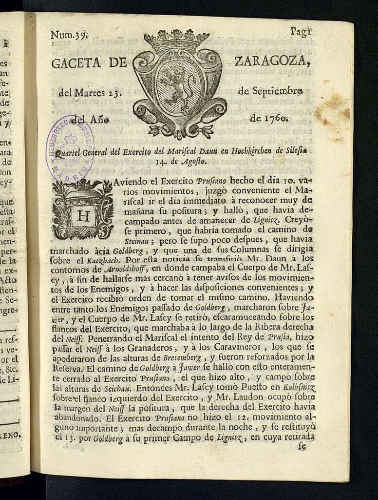Miniatura de Gazeta de Zaragoza del 23 de septiembre de 1760