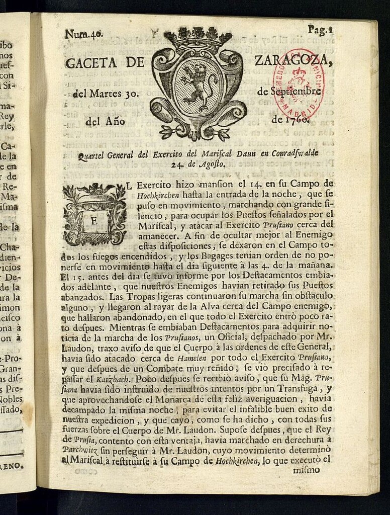 Miniatura de Gazeta de Zaragoza del 30 de septiembre de 1760