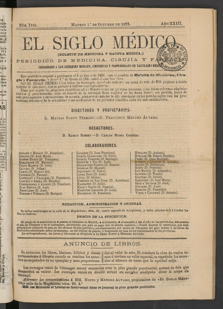 Miniatura de El Siglo Médico: boletín de medicina y gaceta médica del 1 de octubre de 1876