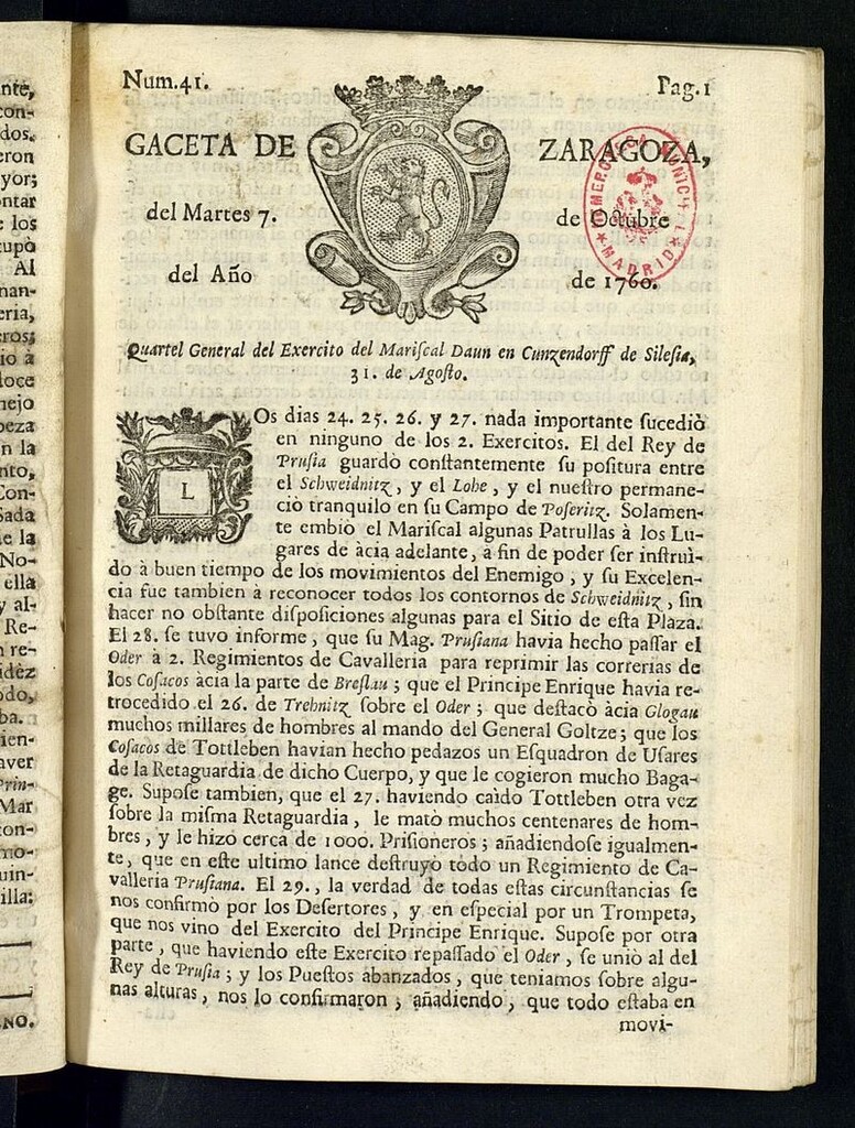 Miniatura de Gazeta de Zaragoza del 7 de octubre de 1760