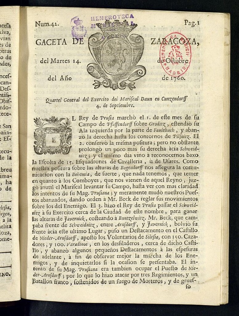 Miniatura de Gazeta de Zaragoza del 14 de octubre de 1760
